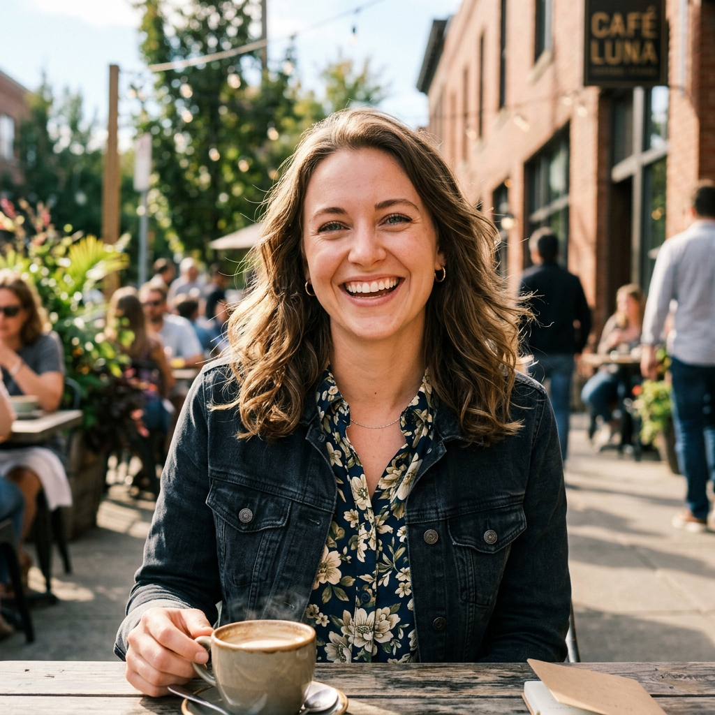 Woman smiling at outdoor cafe holding a cup of coffee