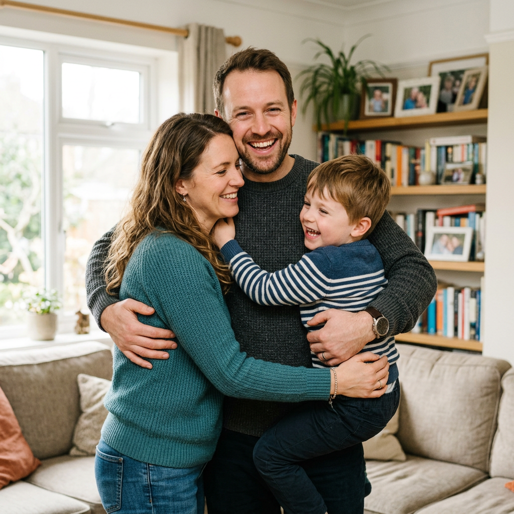 Smiling parents hugging their cheerful young son indoors